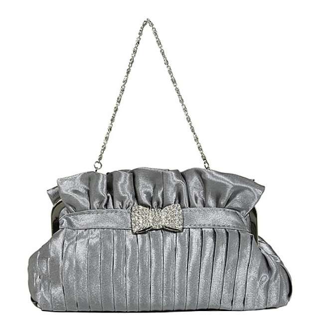 Evening Bag - Pleated Satin w/ Rhinestone Bow - Gray -BG-92288GY